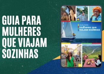 Capa do Guia para Mulheres que Viajam Sozinhas, com fotos de viajantes e destinos turísticos