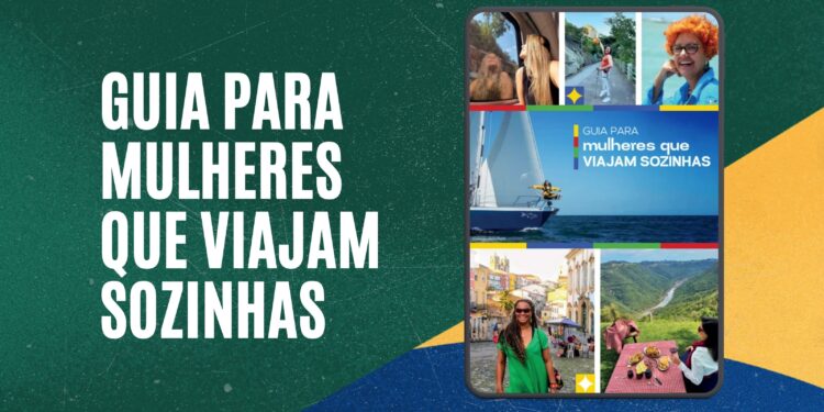 Capa do Guia para Mulheres que Viajam Sozinhas, com fotos de viajantes e destinos turísticos