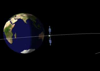 Ilustração da sonda Juice durante passagem próxima à Terra para assistência gravitacional