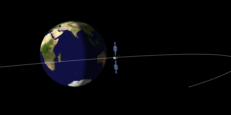 Ilustração da sonda Juice durante passagem próxima à Terra para assistência gravitacional