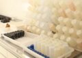 Recipientes de laboratório usados na análise de amostras de água