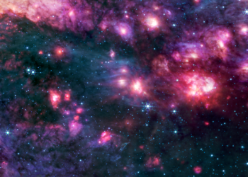 Nuvem molecular Sagittarius B2 observada pelo telescópio James Webb, com estrelas, gás e poeira cósmica