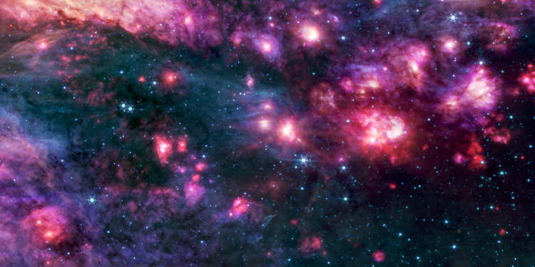 Nuvem molecular Sagittarius B2 observada pelo telescópio James Webb, com estrelas, gás e poeira cósmica