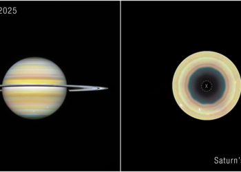 Saturno e seu polo sul vistos pelo Hubble, com a onda atmosférica de dez lados visível ao redor do polo