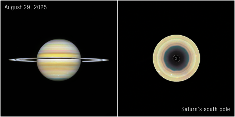 Saturno e seu polo sul vistos pelo Hubble, com a onda atmosférica de dez lados visível ao redor do polo
